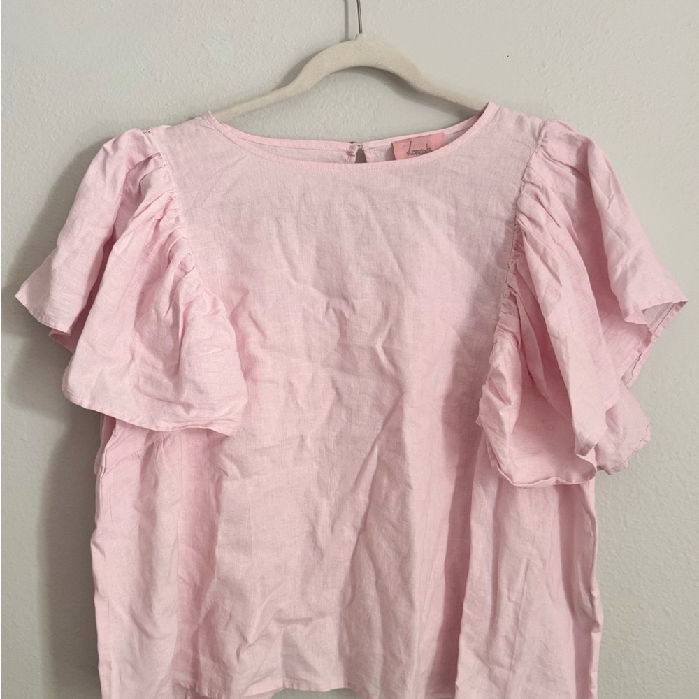 Pink Flutter-Sleeve Linen Top